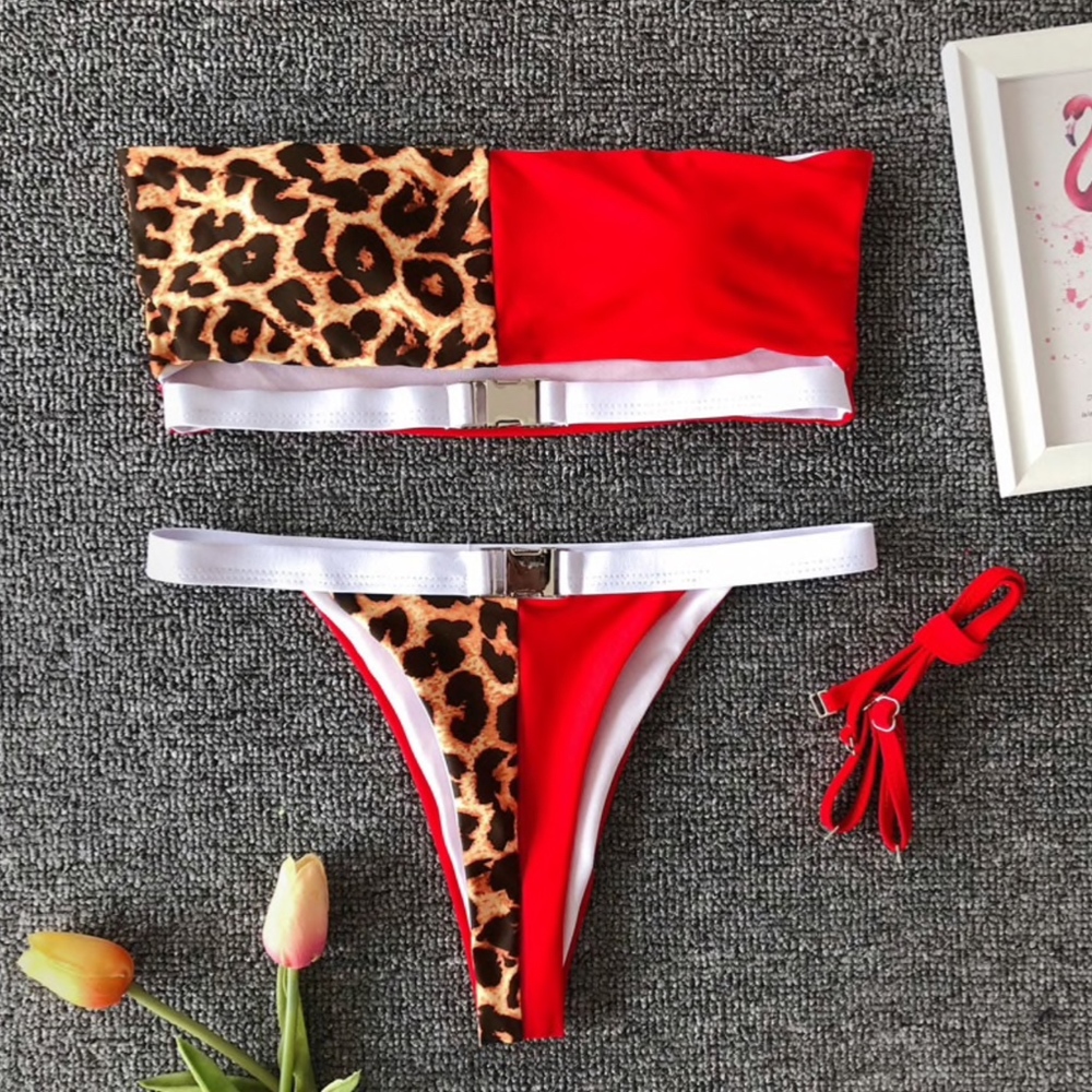 Colorblock Red and Cheetah Belted Bikini Swimsuit - Picture 2 of 5